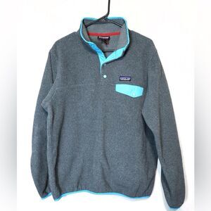 Patagonia Synchilla T-Snap Dark Gray + Turquoise Blue Fleece Pullover Size Large
